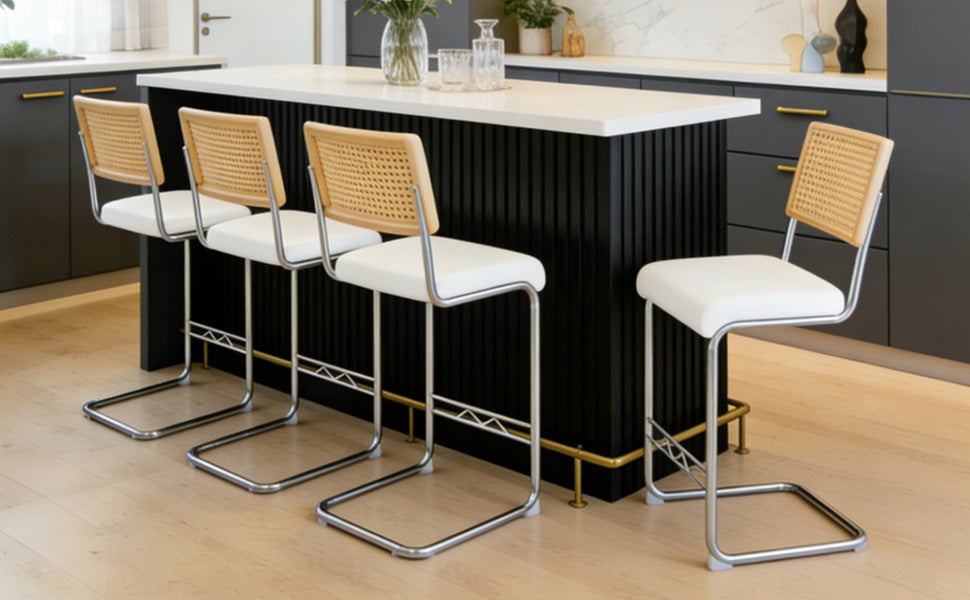 Natural rattan bar stool 4-piece set with solid wood backrest 25 inches medieval modern style counter stool white PU leather kitchen stool chrome metal legs.