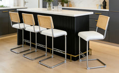 Natural rattan bar stool 4-piece set with solid wood backrest 25 inches medieval modern style counter stool white PU leather kitchen stool chrome metal legs.
