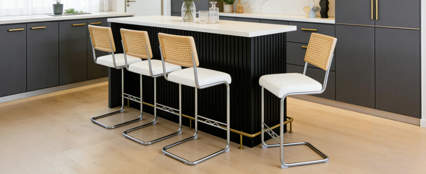 Natural rattan bar stool 4-piece set with solid wood backrest 25 inches medieval modern style counter stool white PU leather kitchen stool chrome metal legs.