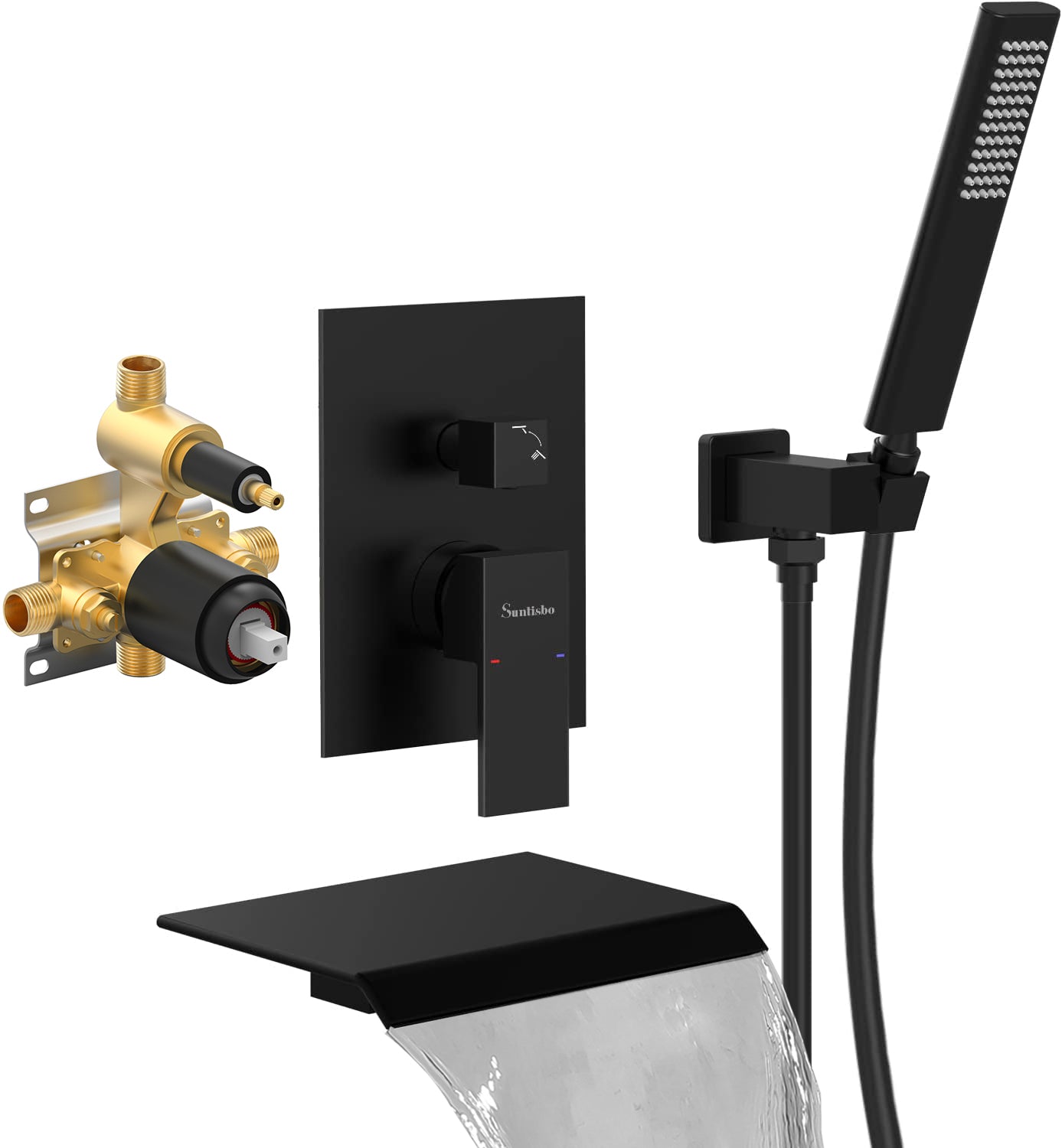Male NPT Tub Faucet with Hand Shower, Matte Black Waterfall Bathtub Shower Faucet Set, Wall Mount Tub Shower System with Solid Brass Rough-in Valve Shower Trim Kit