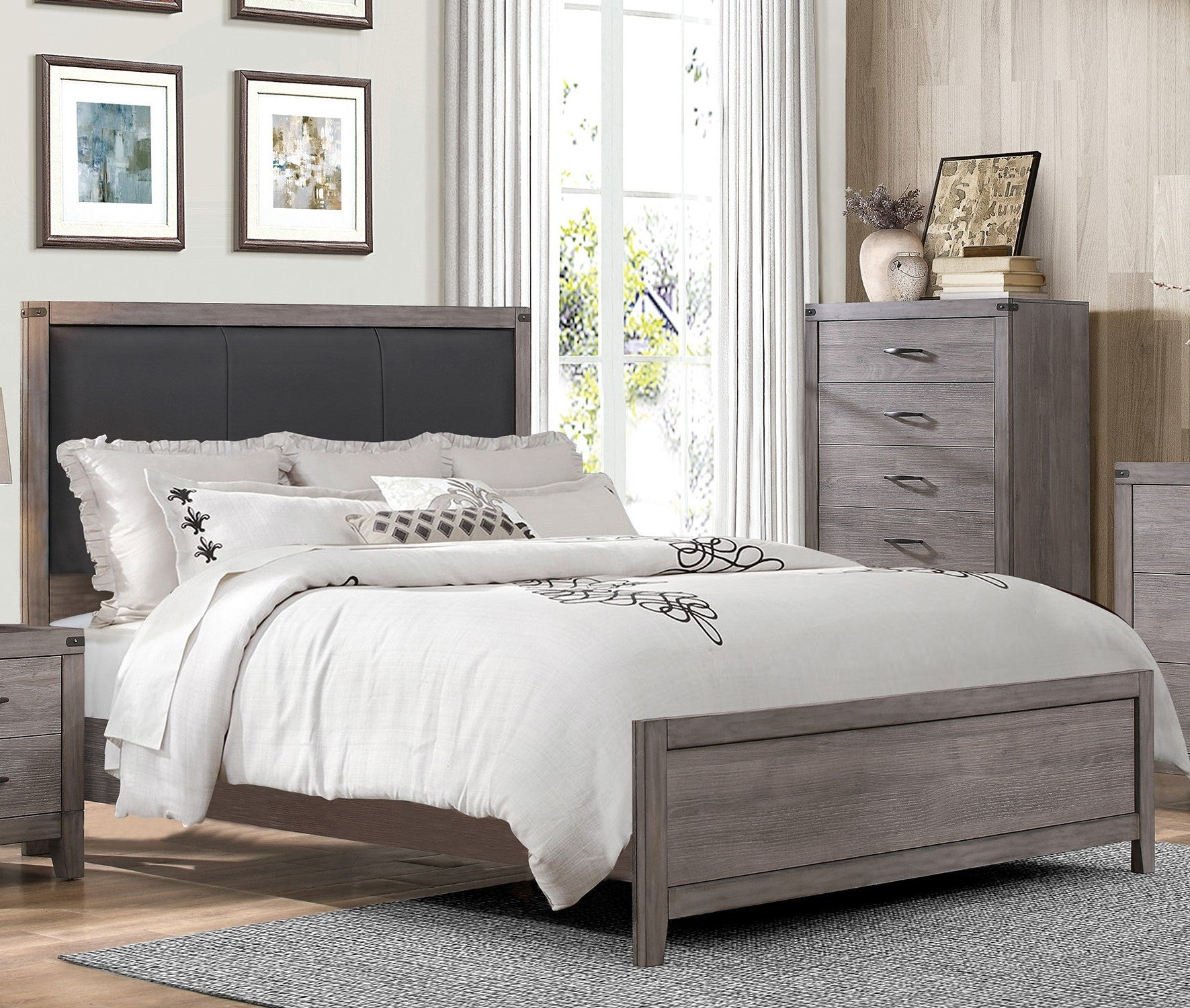 Brownish Gray Finish Full Size Panel Bed 1pc Faux Leather Upholstered Headboard Industrial Design Bedroom Furniture