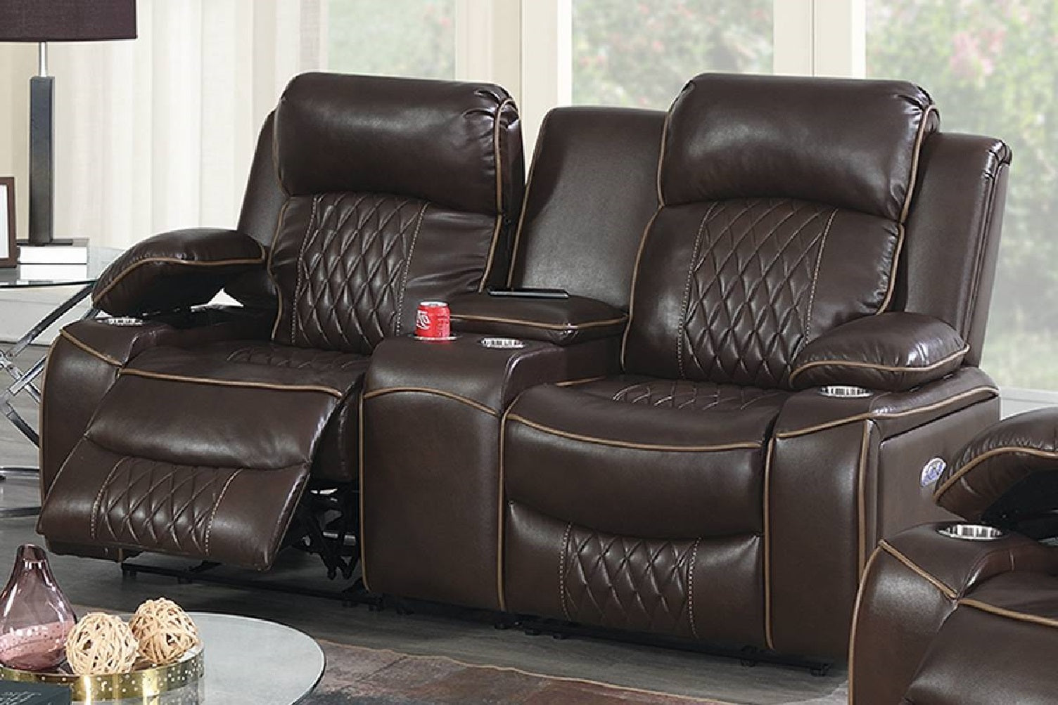 Power Motion Loveseat 1pc Contemporary Brown Color Gel Leatherette Storage Arms w Cup Holder Living Room Furniture