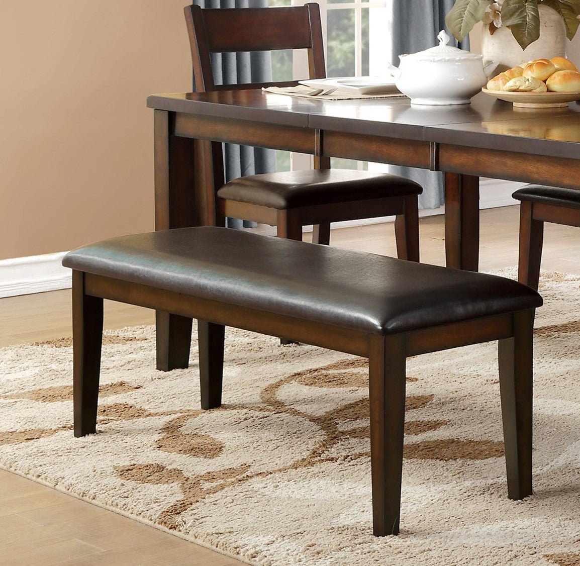 Cherry Finish Classic 6pc Dining Set Wooden Table w Draw Leaf Bench and 4 Side Chairs Faux Leather Upholstered Durable Furniture Transitional Style Ladder Back