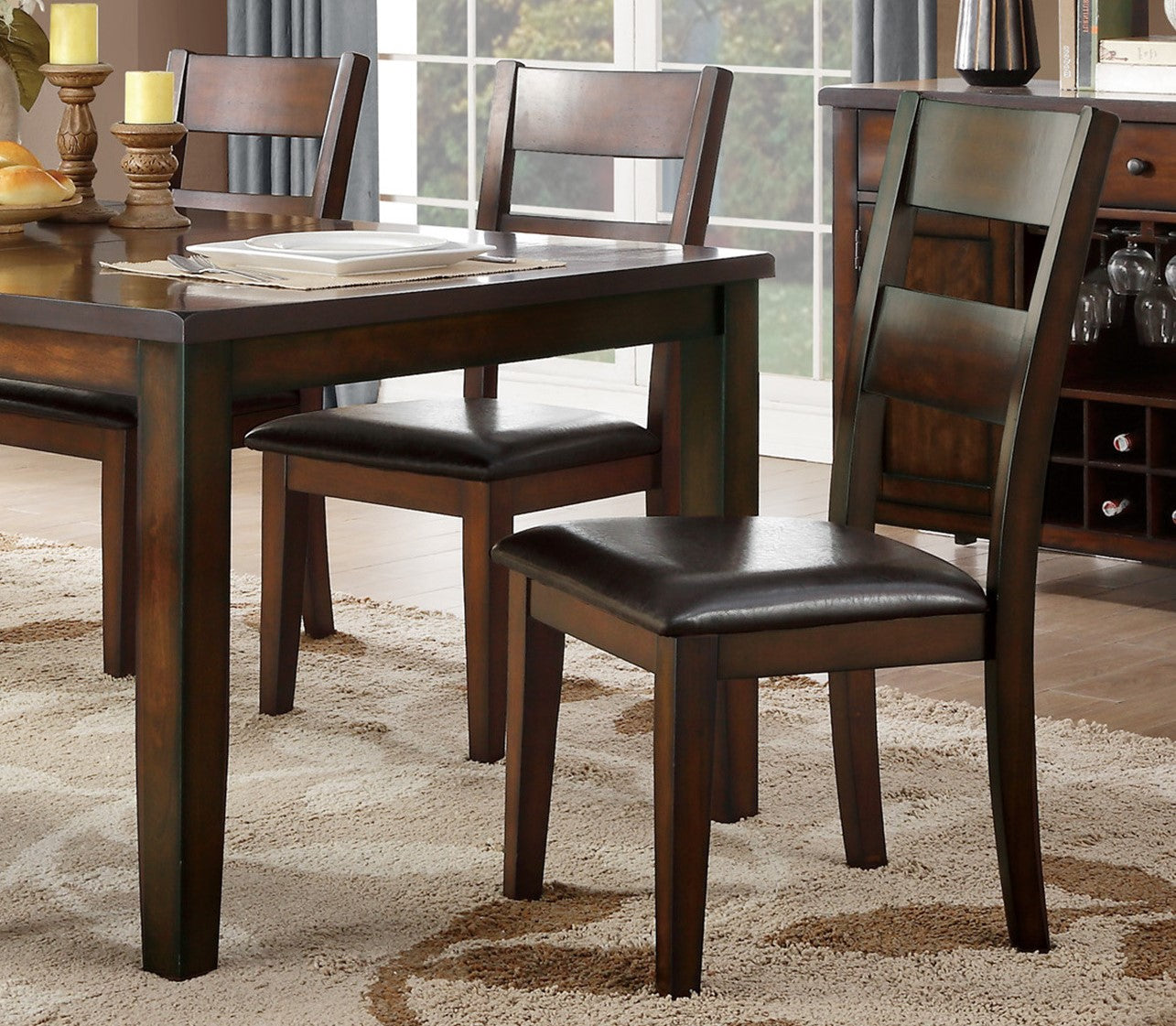 Cherry Finish Classic 6pc Dining Set Wooden Table w Draw Leaf Bench and 4 Side Chairs Faux Leather Upholstered Durable Furniture Transitional Style Ladder Back