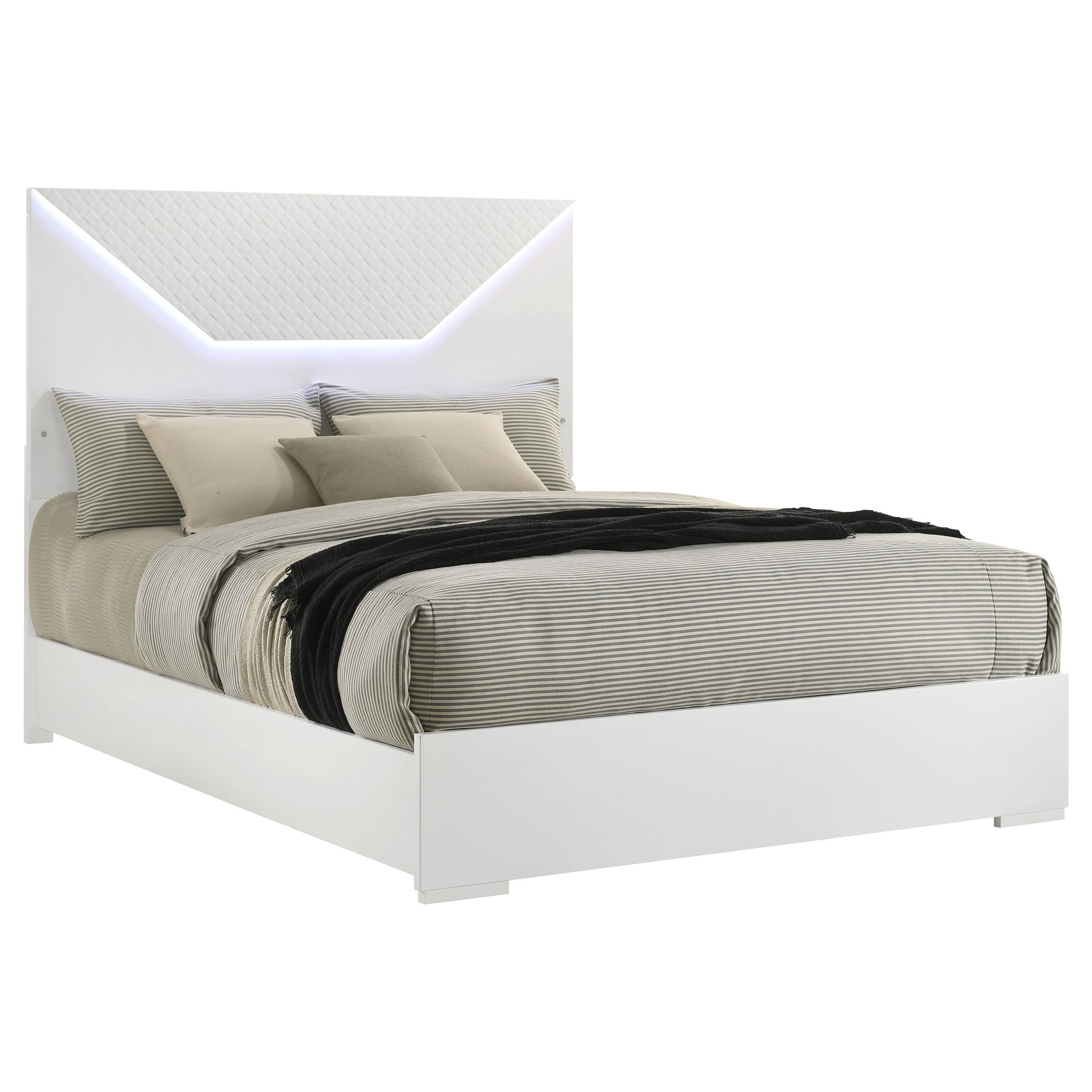 Pierce White High Gloss Queen Panel Bed LED Headboard