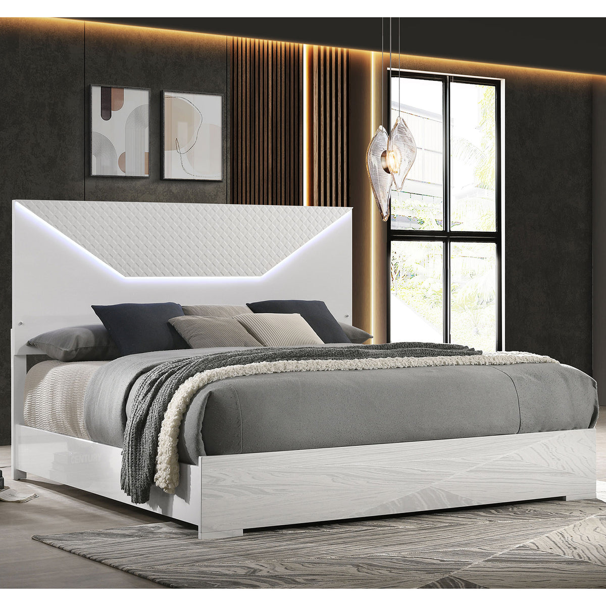Pierce White High Gloss Queen Panel Bed LED Headboard