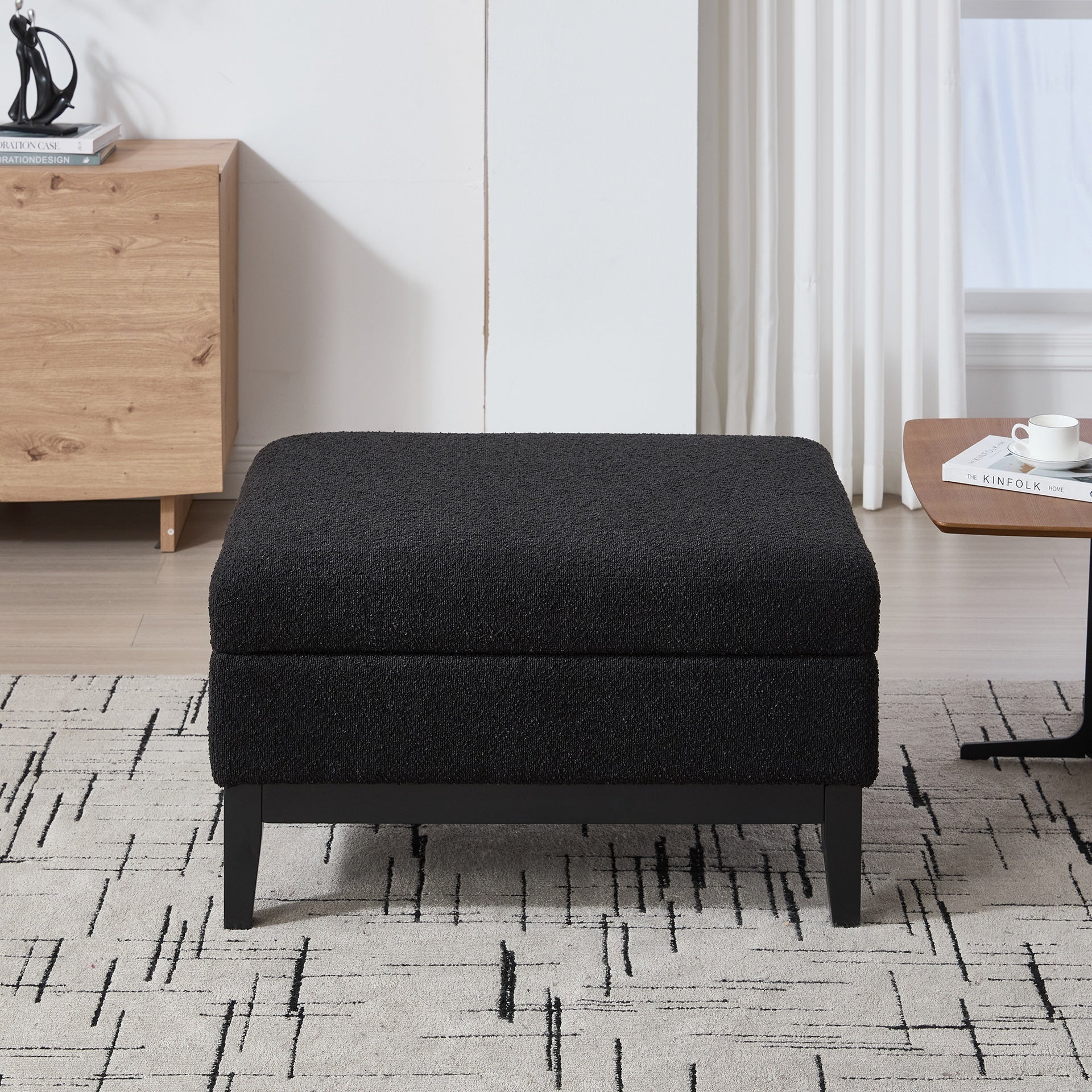 33.86"W Upholstered Wood Base Storage Ottoman With Reversible Lid Coffee Table, Foot Stool Square Footrest with Rubberwood Legs for Living Room Bedroom Entryway and Office,Black Boucle.