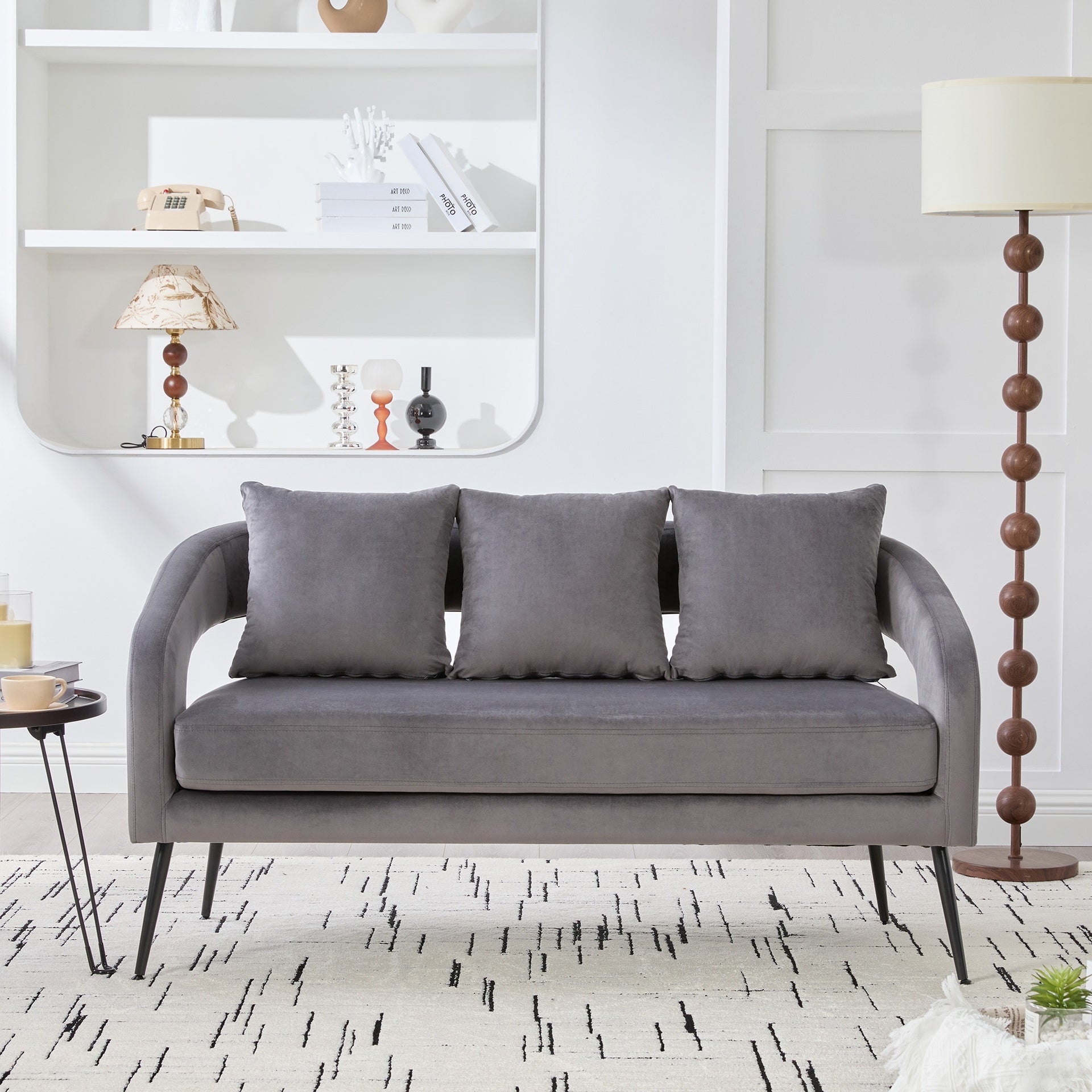 53.7"Modern Upholstered Velvet Open Back Loveseat Settee with 3 Pillows, Small Comfy Sofa 2-Seater Mini Sofa for Small Space with Metal Legs, Living Room Bedroom Office Dorm Studio Apartment Charcoal