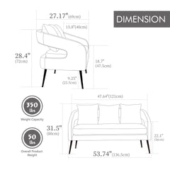 53.7"Modern Upholstered Velvet Open Back Loveseat Settee with 3 Pillows, Small Comfy Sofa 2-Seater Mini Sofa for Small Space with Metal Legs, Living Room Bedroom Office Dorm Studio Apartment Charcoal