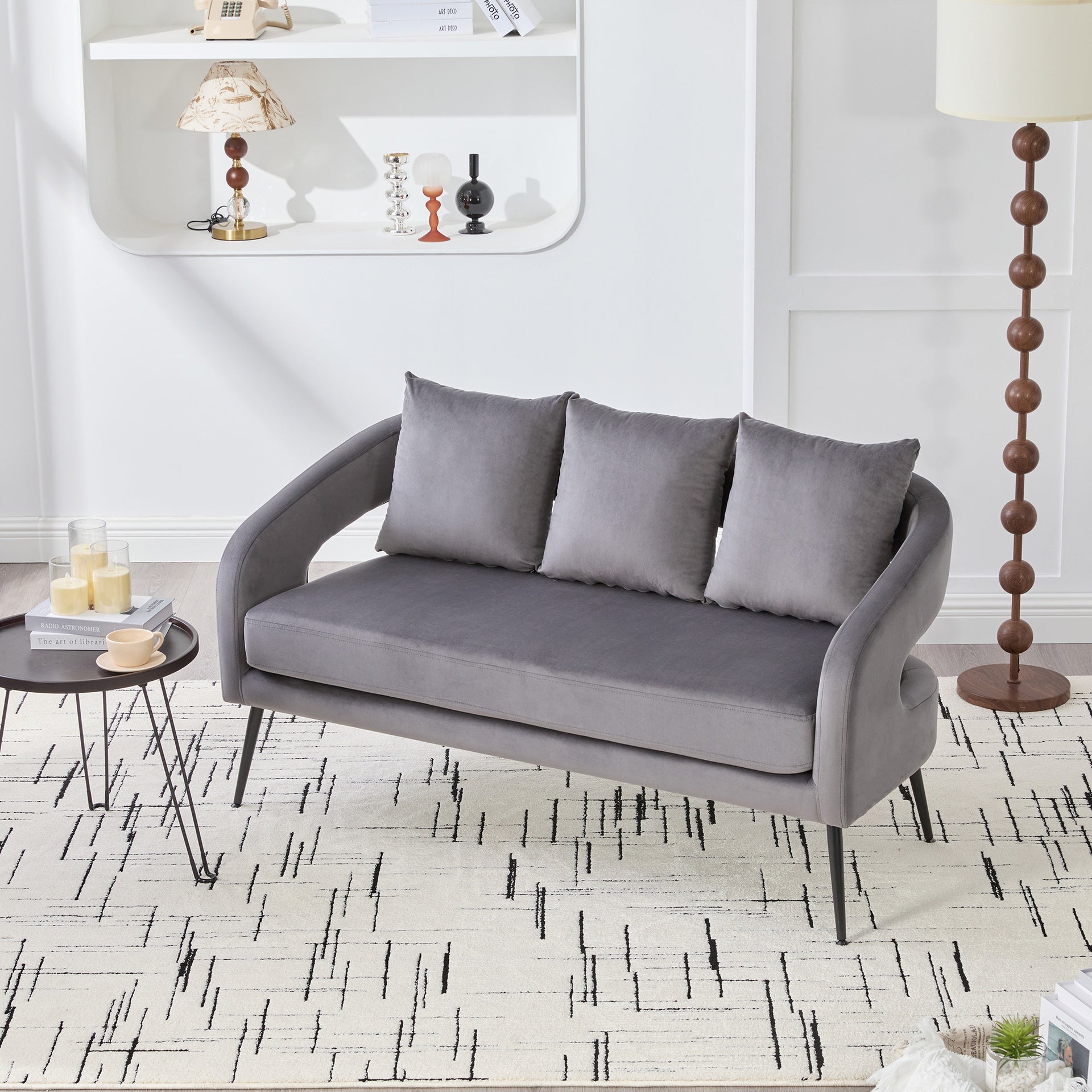 53.7"Modern Upholstered Velvet Open Back Loveseat Settee with 3 Pillows, Small Comfy Sofa 2-Seater Mini Sofa for Small Space with Metal Legs, Living Room Bedroom Office Dorm Studio Apartment Charcoal