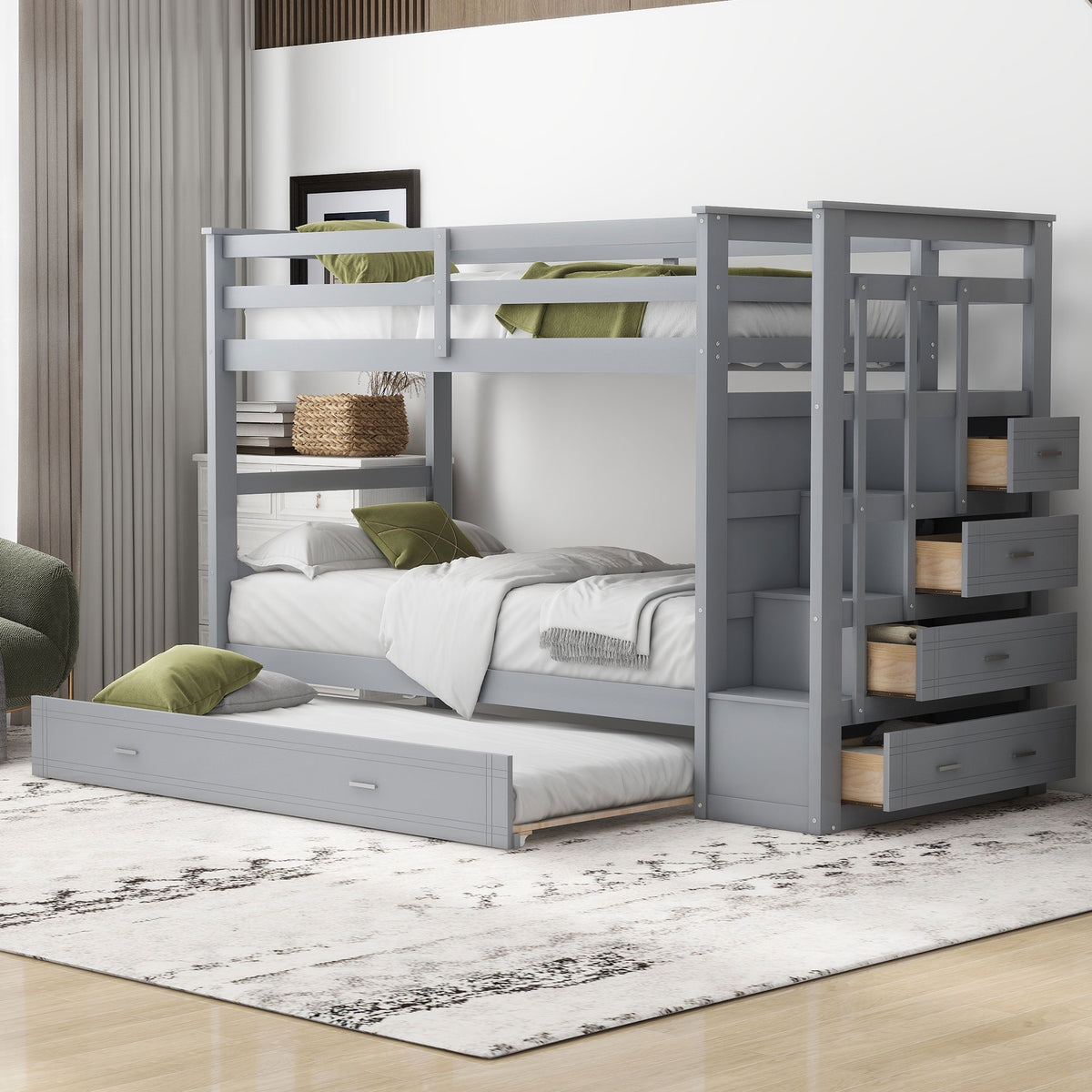 Twin Over Twin Bunk Bed with Trundle and Staircase,Gray(OLD SKU:LT000068AAE)