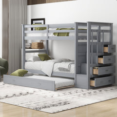 Twin Over Twin Bunk Bed with Trundle and Staircase,Gray(OLD SKU:LT000068AAE)