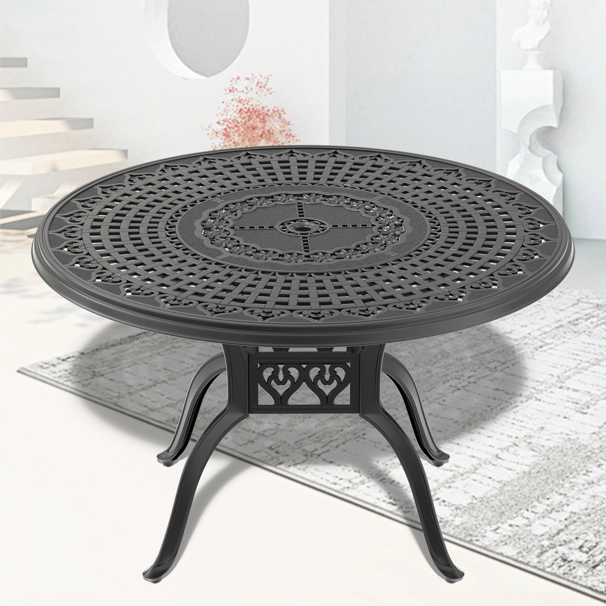 47.24-inch Cast Aluminum Patio Dining Table With Black Frame and Umbrella Hole