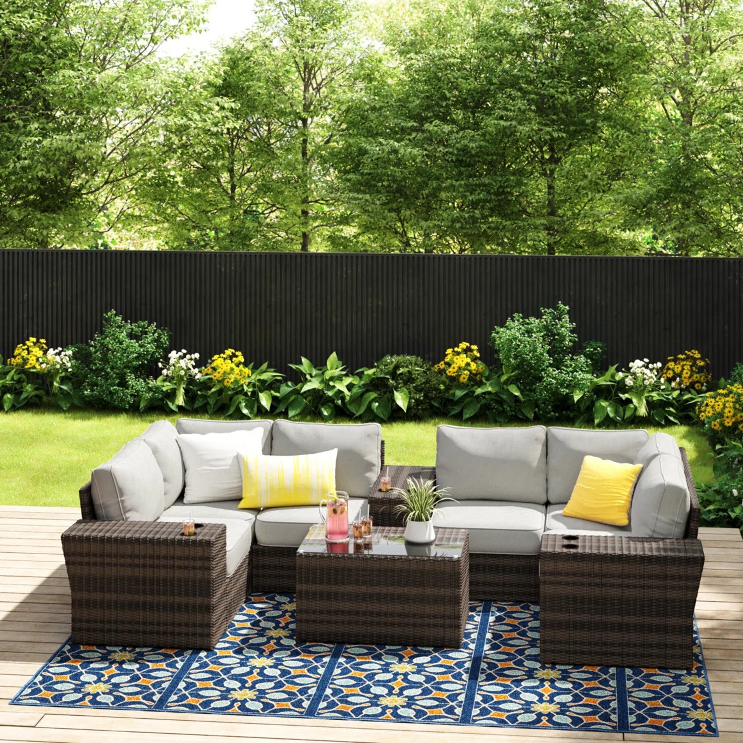 Fully Assembled 10-Piece Modular Wicker Patio Seating Set with Cushions – Seats 4 to 5
