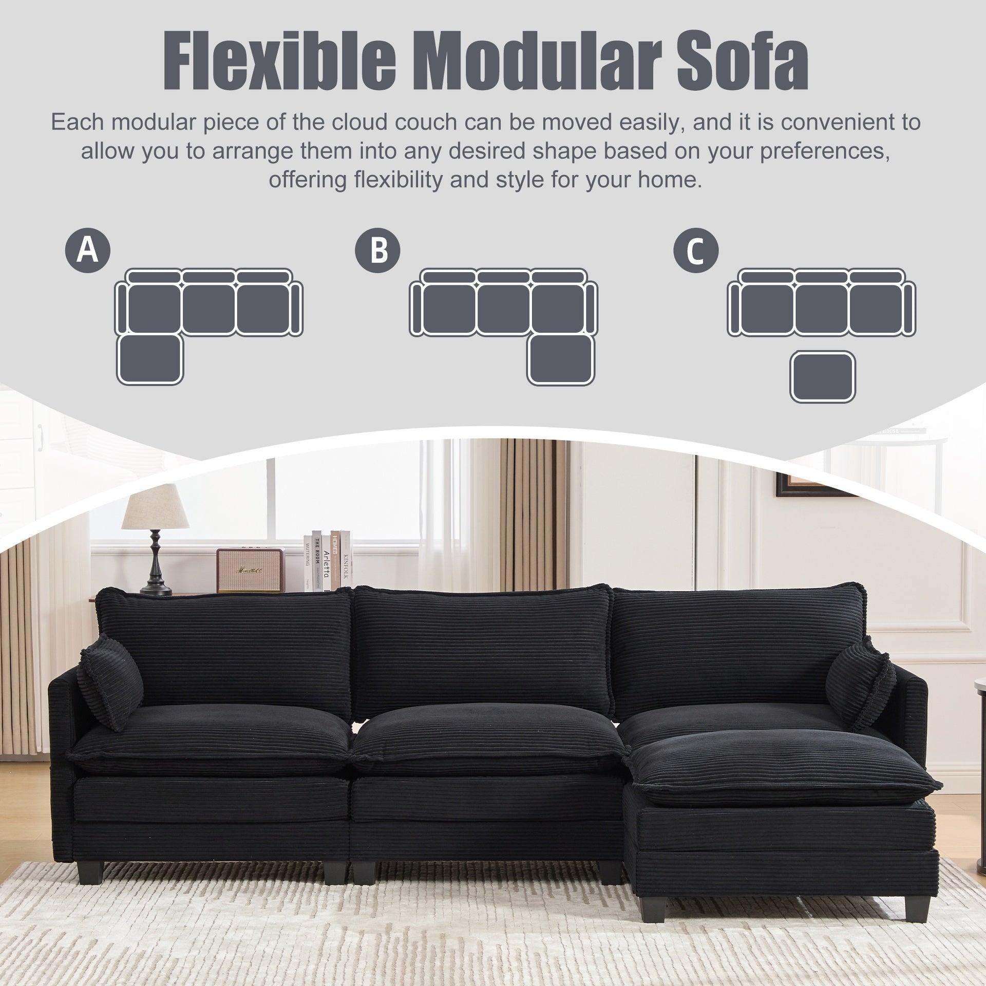 UNITED WE WIN  Oversized Modular Sectional Sofa with Movable Ottoman, 102 Inch 4 Seat Modern Corduroy Sofa Set, Convertible L Shaped Couch for Living Room and Office