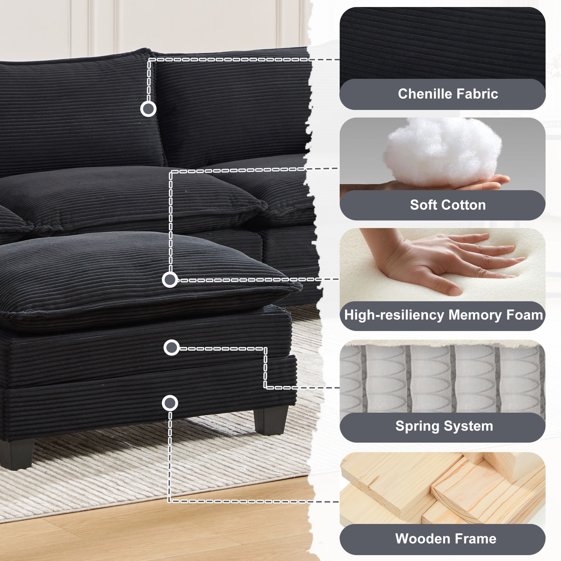 UNITED WE WIN  Oversized Modular Sectional Sofa with Movable Ottoman, 102 Inch 4 Seat Modern Corduroy Sofa Set, Convertible L Shaped Couch for Living Room and Office