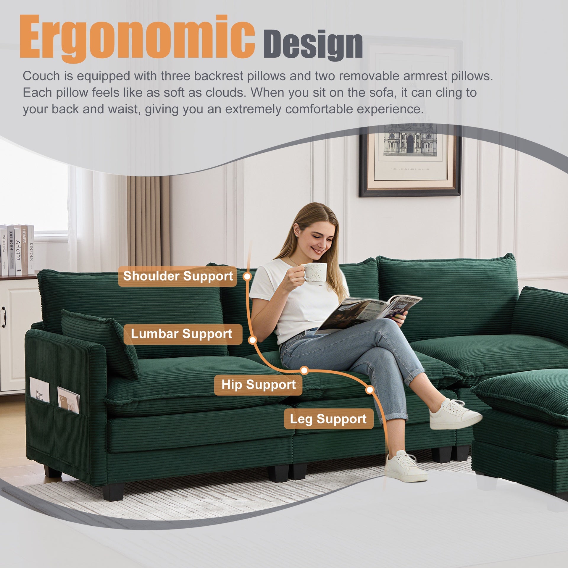 UNITED WE WIN  Oversized Modular Sectional Sofa with Movable Ottoman, 102 Inch 4 Seat Modern Corduroy Sofa Set, Convertible L Shaped Couch for Living Room and Office