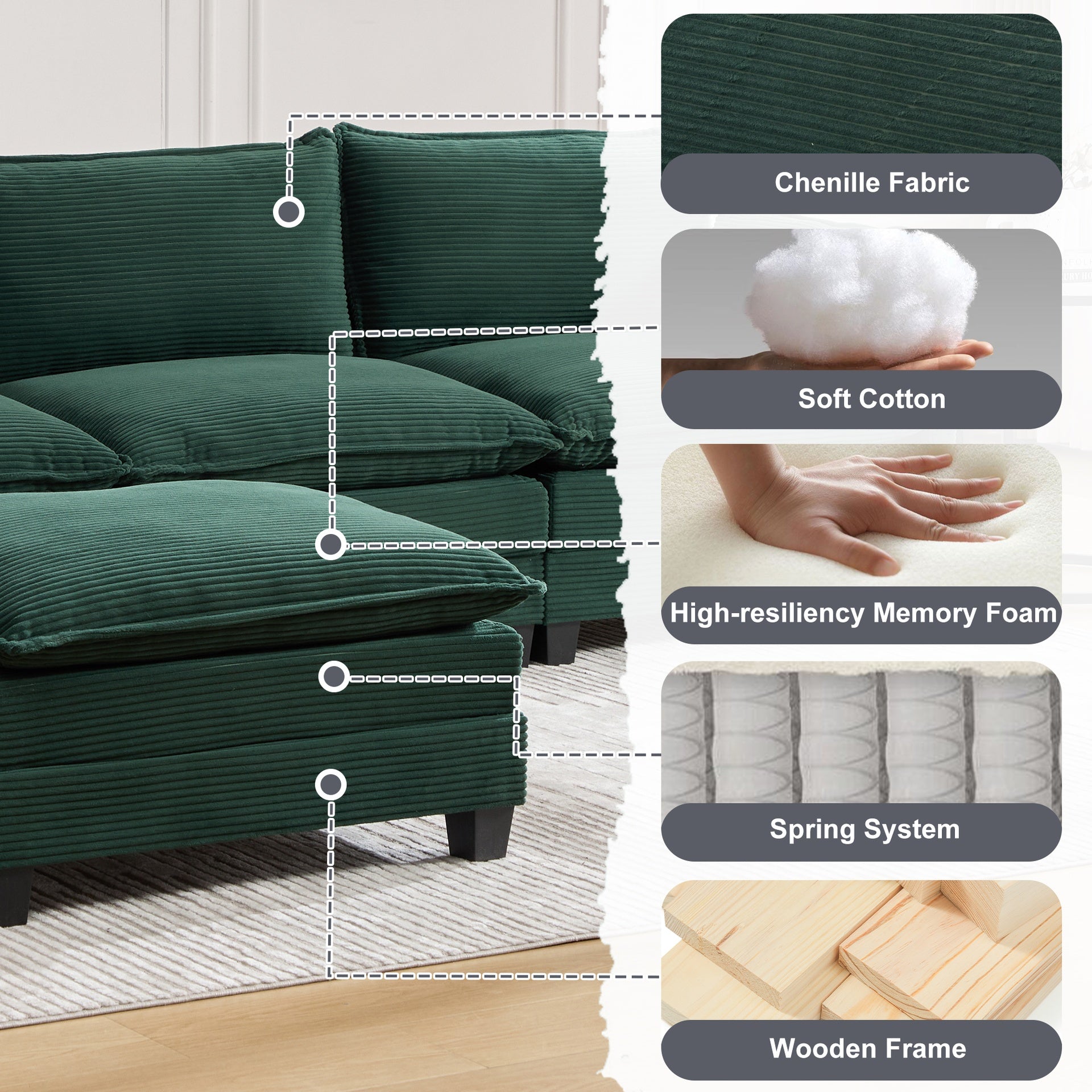UNITED WE WIN  Oversized Modular Sectional Sofa with Movable Ottoman, 102 Inch 4 Seat Modern Corduroy Sofa Set, Convertible L Shaped Couch for Living Room and Office