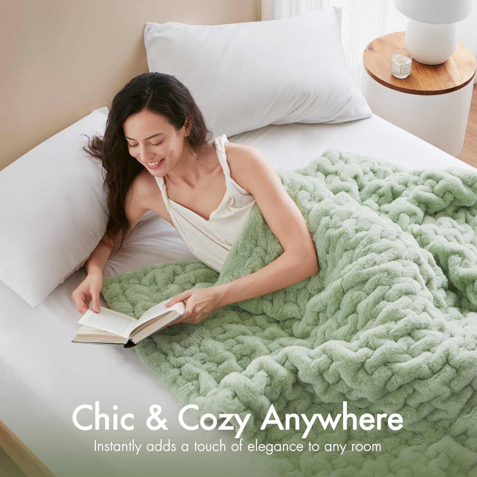 1 PC 50x60" Ruched Fur Throw Sage Green