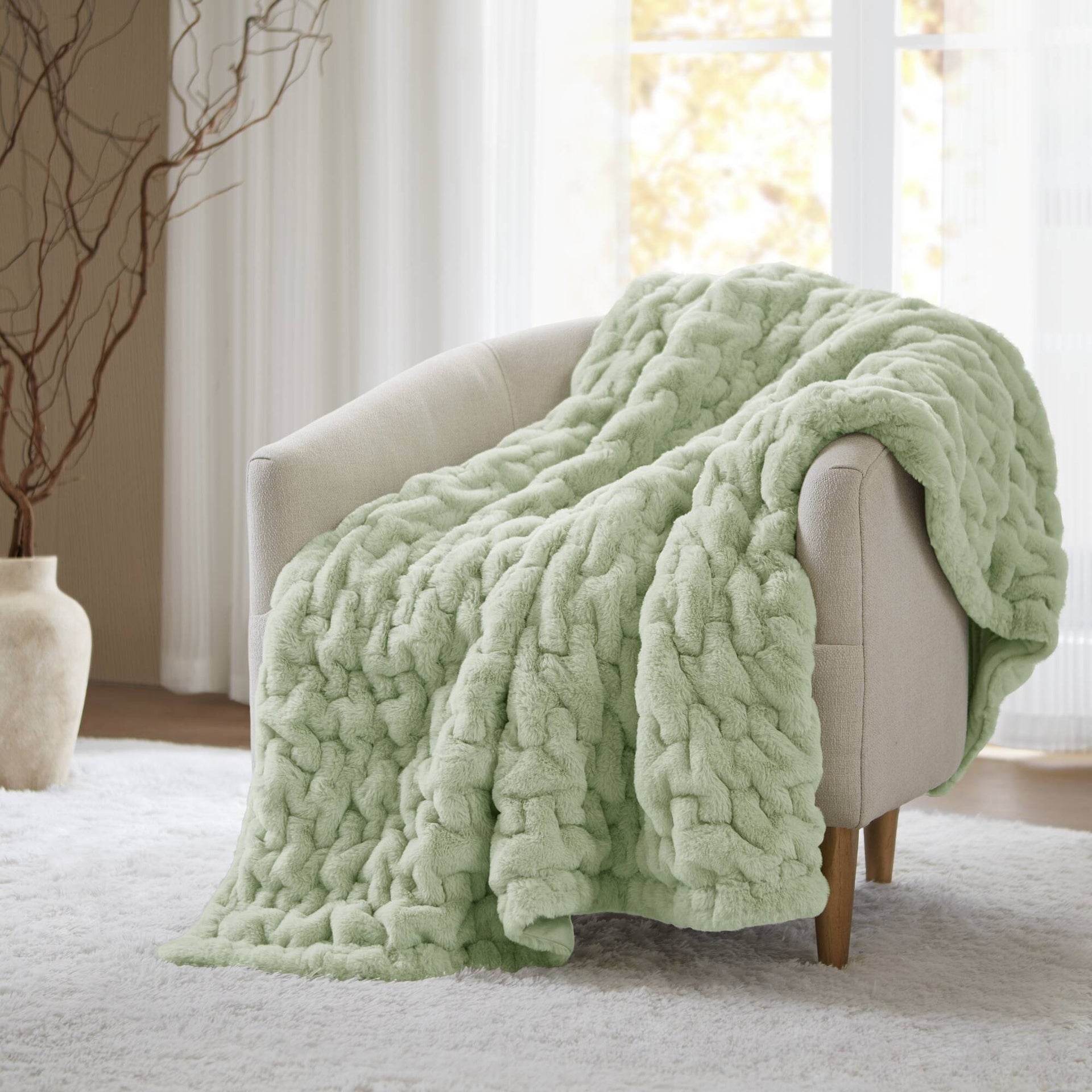 1 PC 50x60" Ruched Fur Throw Sage Green