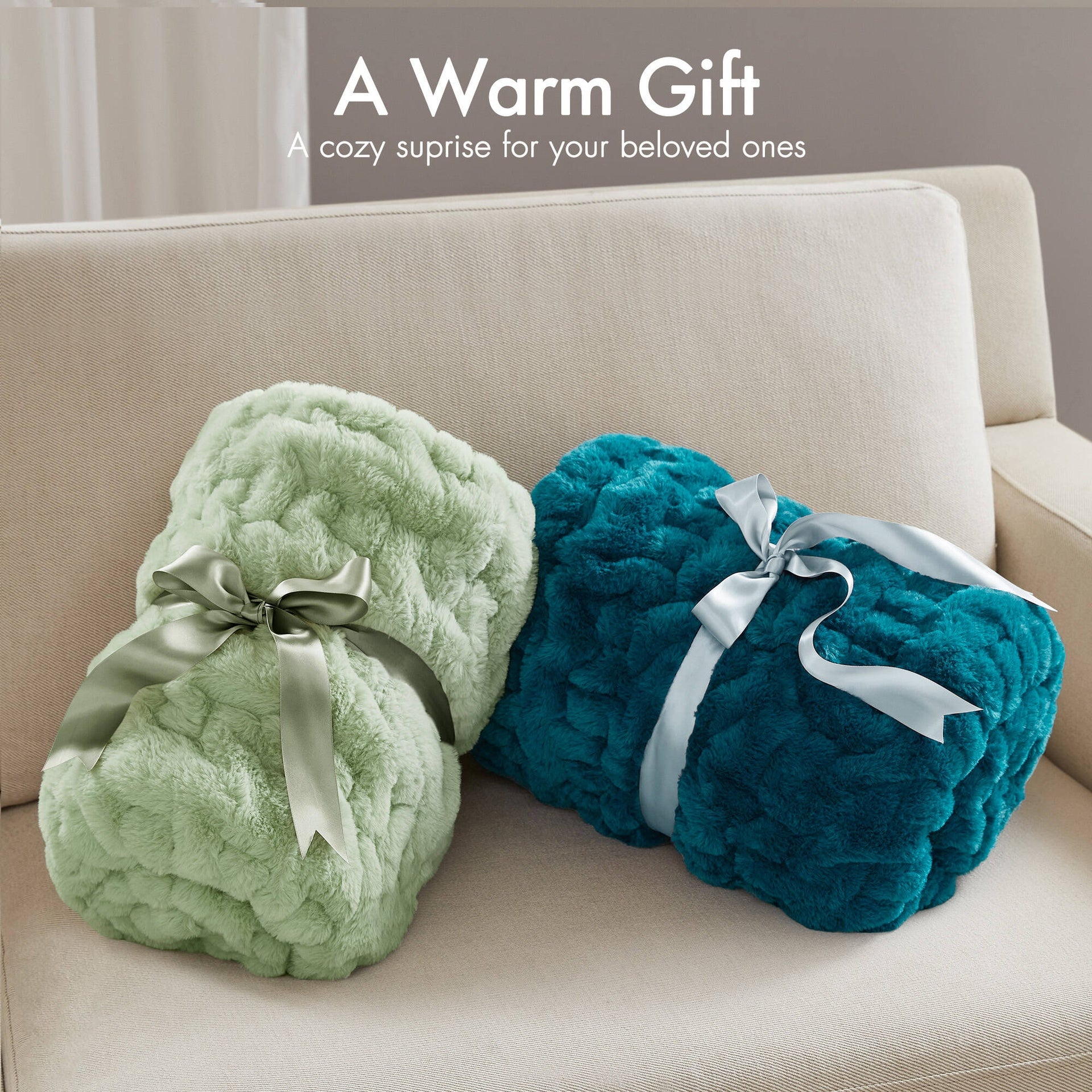 1 PC 50x60" Ruched Fur Throw Sage Green