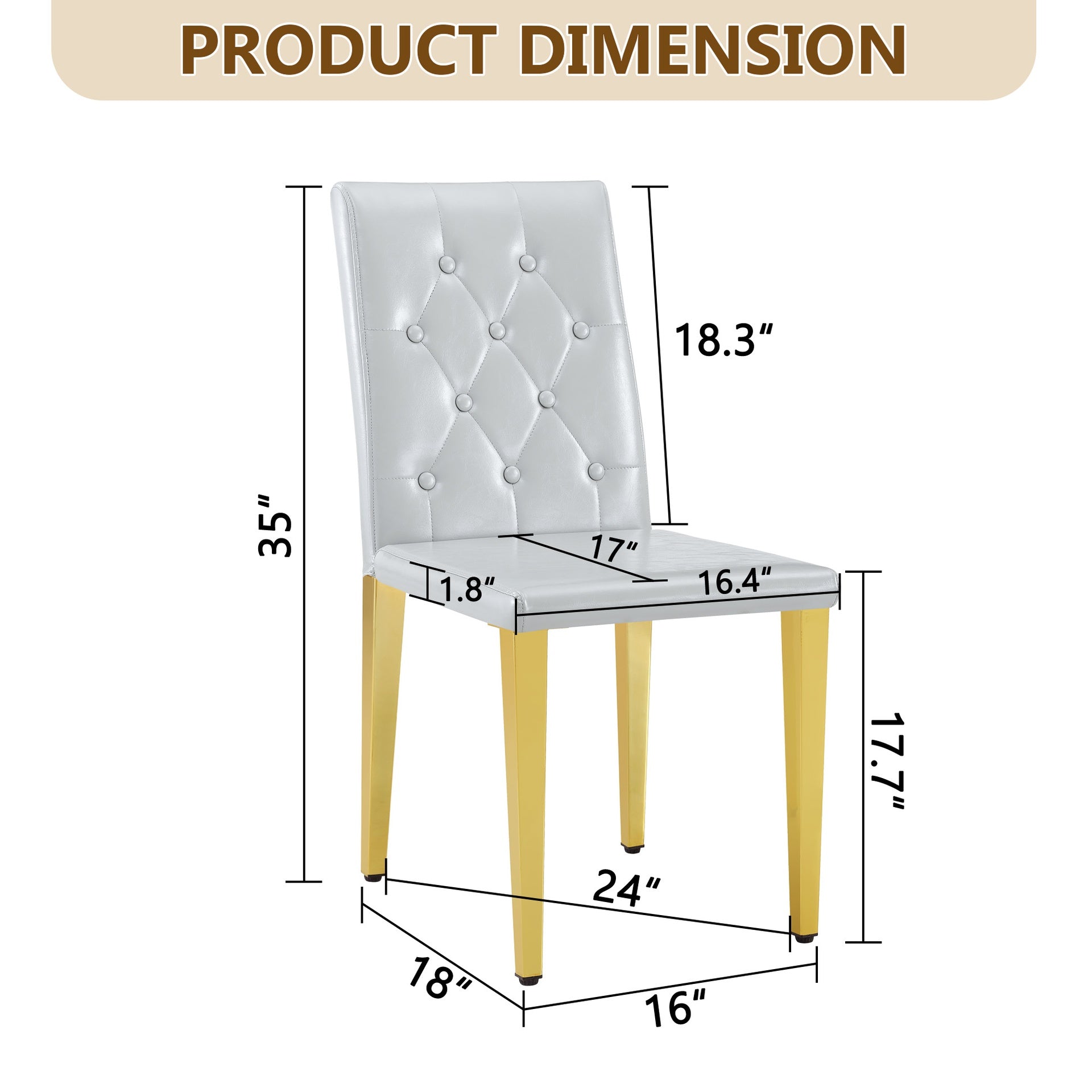 4-piece set of light grey PU dining chairs: ergonomically designed buckle backrest, 35 inches high, gold metal legs, combining comfort and texture.Suitable for family restaurants, banquet hall, etc.
