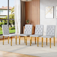 4-piece set of light grey PU dining chairs: ergonomically designed buckle backrest, 35 inches high, gold metal legs, combining comfort and texture.Suitable for family restaurants, banquet hall, etc.