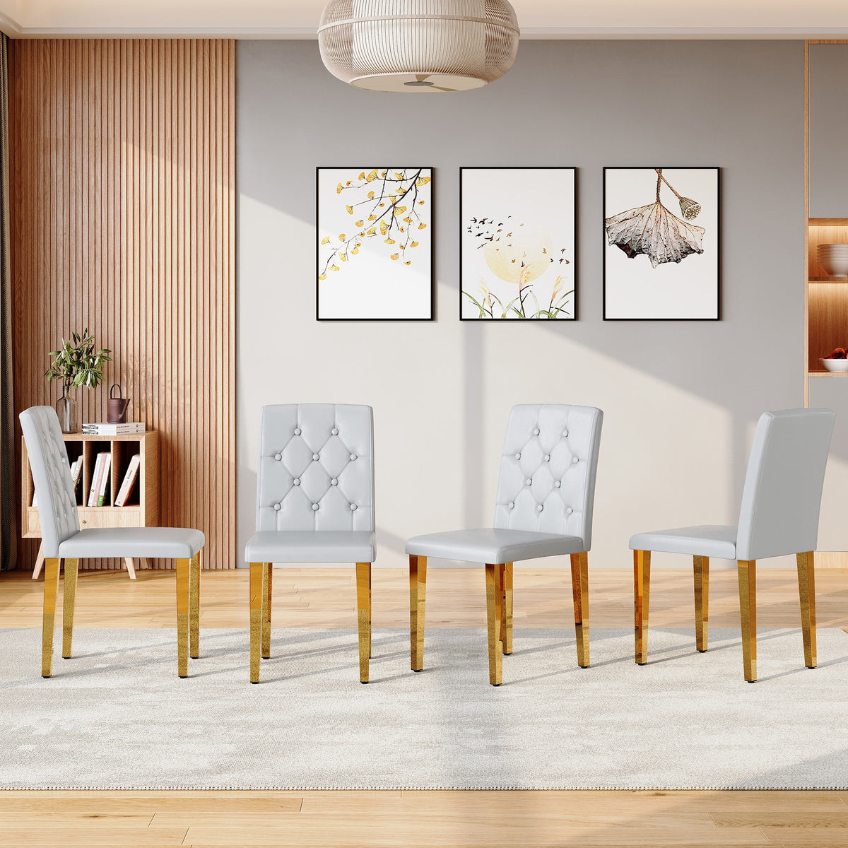 4-piece set of light grey PU dining chairs: ergonomically designed buckle backrest, 35 inches high, gold metal legs, combining comfort and texture.Suitable for family restaurants, banquet hall, etc.