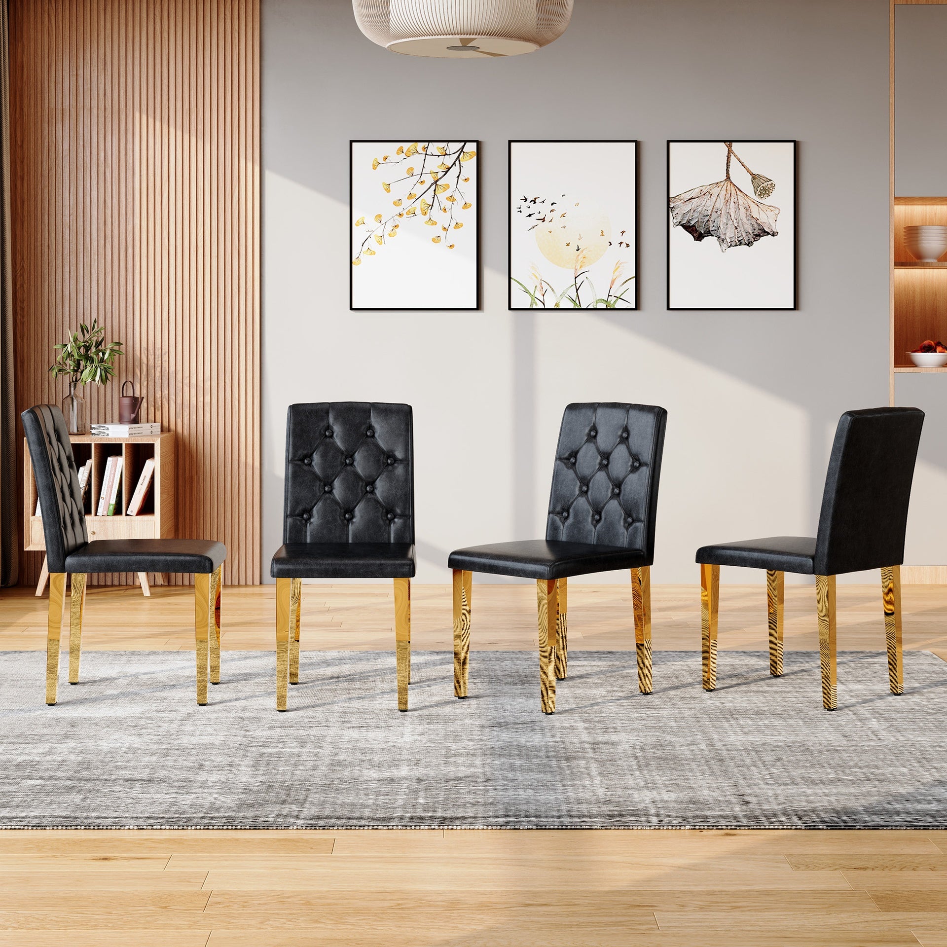 4-pack black PU dining chairs: ergonomic buckle backrest, 35 inches high, golden metal legs,Combines Comfort and Texture.Perfectly suitable for family dining rooms, hotel banquet halls,etc.W1151P29570