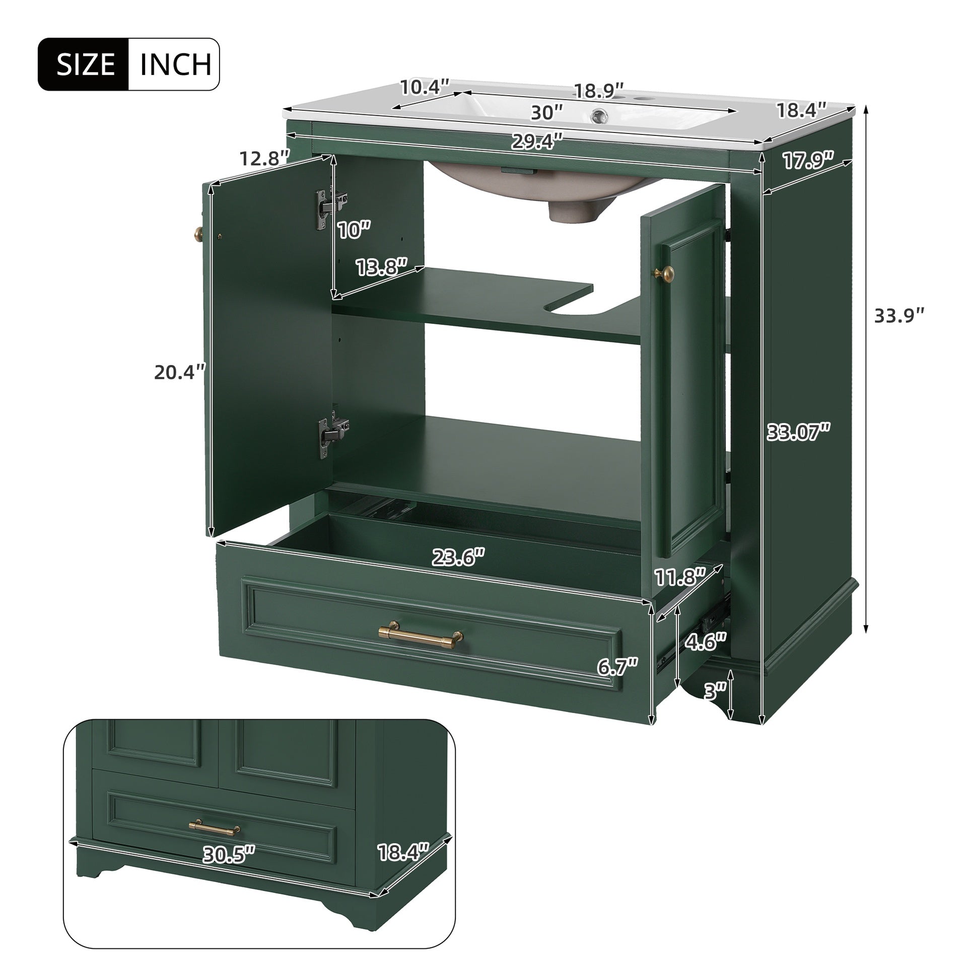 30" Luxurious Bathroom Vanity with Ceramic Sink, Bathroom Vanities Cabinet with 2 large Soft Closing Doors, Solid Wood Frame Bathroom Storage Cabinet