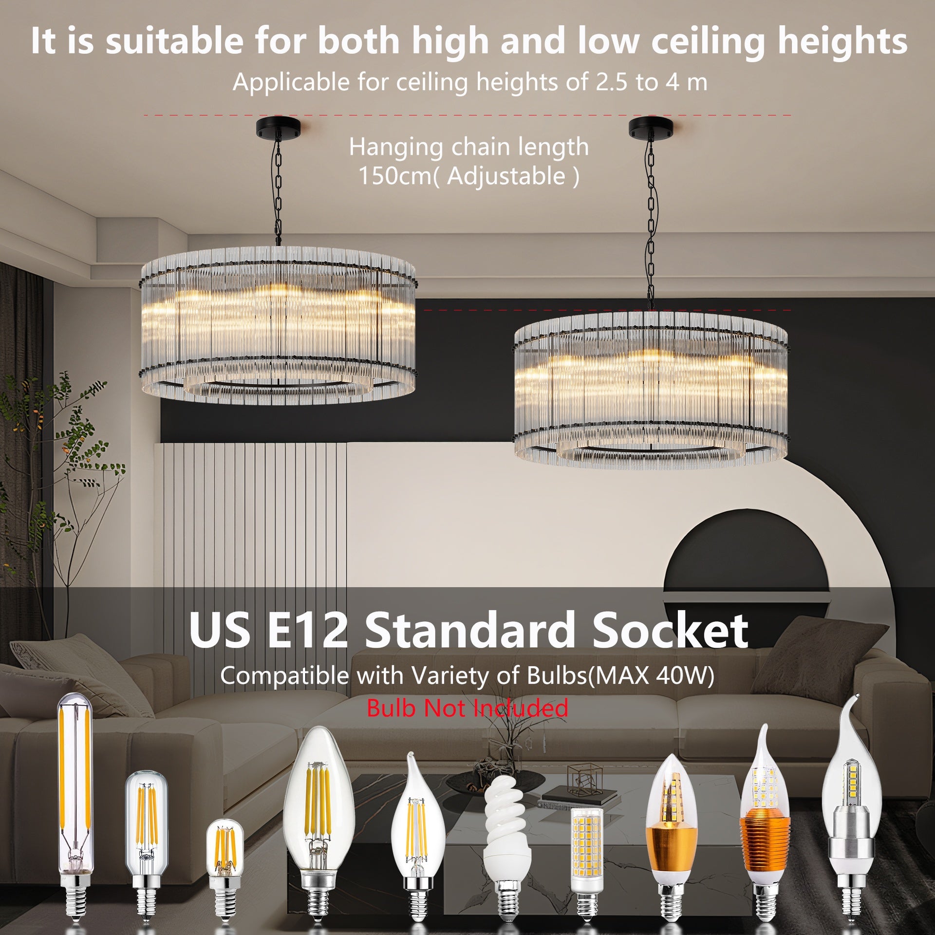 37" Modern Black Round Chandelier,2-Tier 8-Light Water Ripple Crystal Glass Chandeliers,for Dining Room,Living Room,Bedroom,High Ceiling,Foyer Entryway,Luxury Chandelier