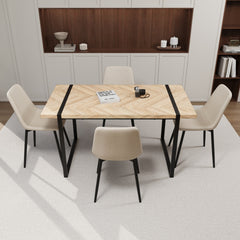 59" MDF light wood dining table and modern dining chair 4-piece set, medieval wooden kitchen dining table set, rectangular metal base, dining table and suede chair