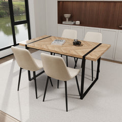 59" MDF light wood dining table and modern dining chair 4-piece set, medieval wooden kitchen dining table set, rectangular metal base, dining table and suede chair