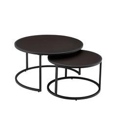 Modern Faux Leather Nesting Round Coffee Table with Black Metal Base,Accent Tea Table for Living Room Set of 2 -Dark Brown
