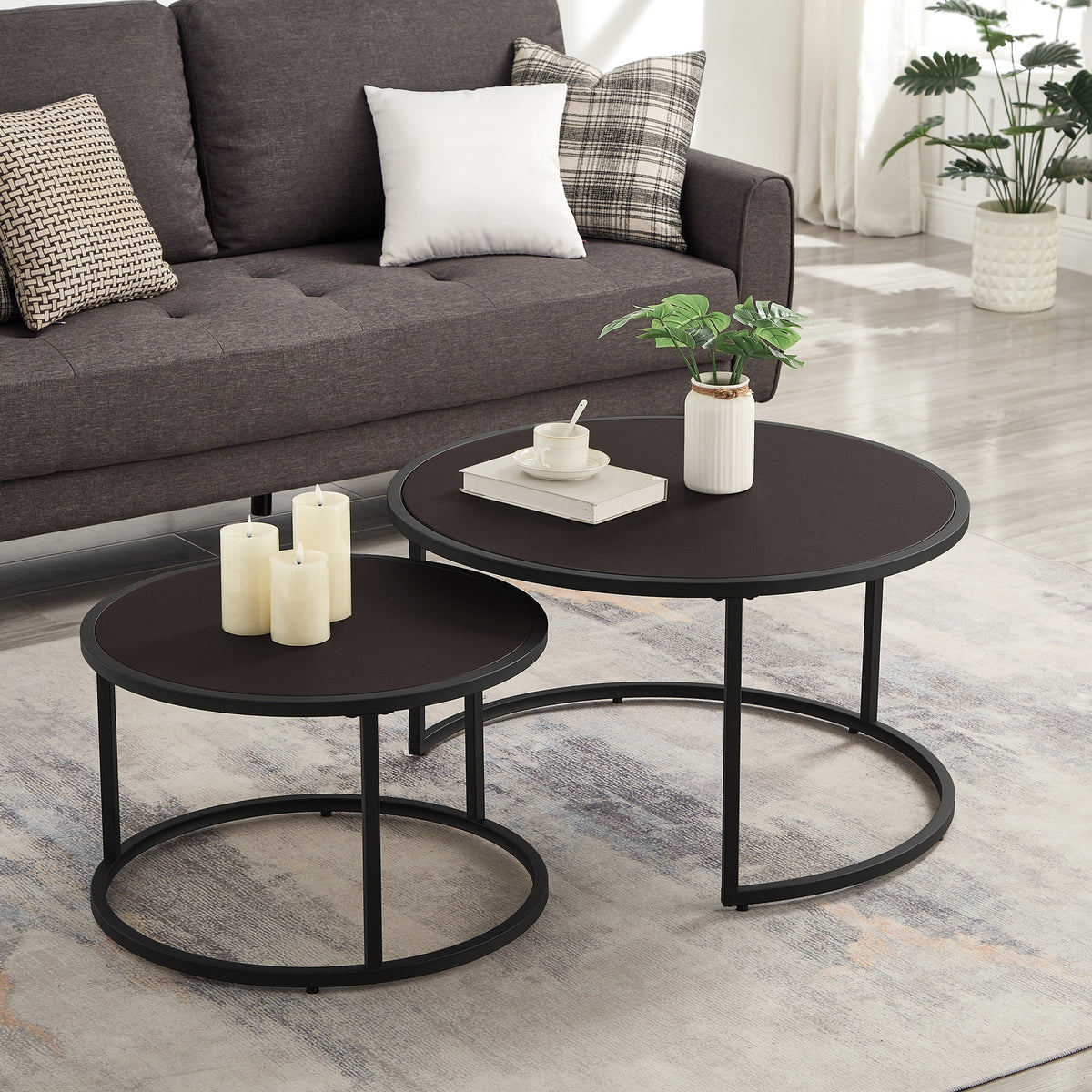 Modern Faux Leather Nesting Round Coffee Table with Black Metal Base,Accent Tea Table for Living Room Set of 2 -Dark Brown