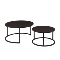 Modern Faux Leather Nesting Round Coffee Table with Black Metal Base,Accent Tea Table for Living Room Set of 2 -Dark Brown