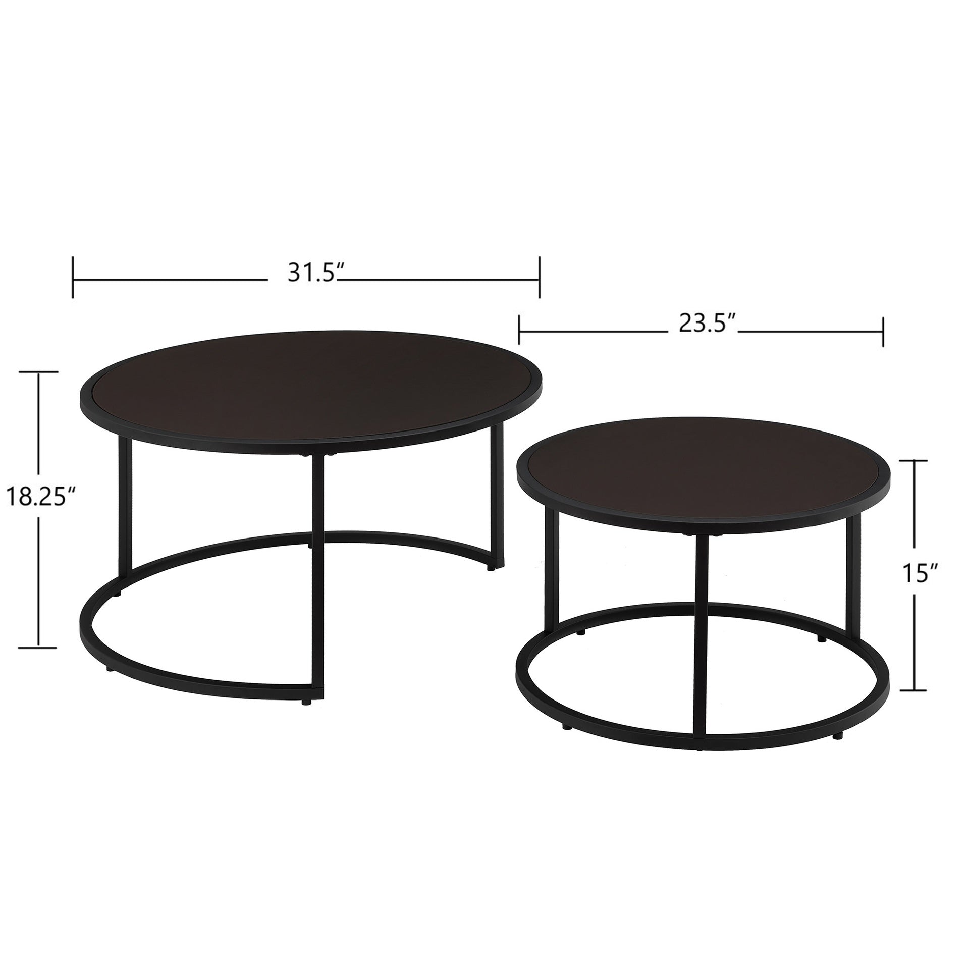 Modern Faux Leather Nesting Round Coffee Table with Black Metal Base,Accent Tea Table for Living Room Set of 2 -Dark Brown