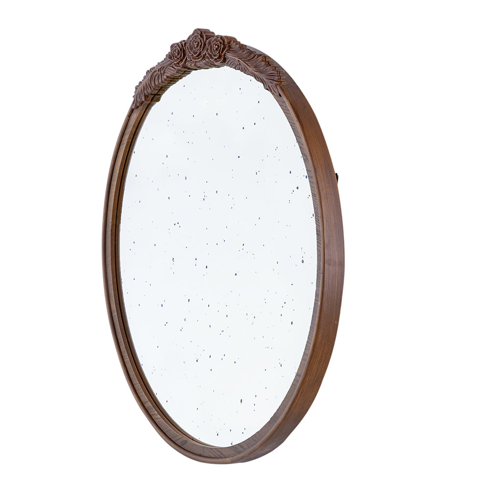 30"x30" Round Hand Carved Rose Antique Mirror Frame, Wall Mirror for Live space, Bathroom, Entryway Wall Décor(Brown)