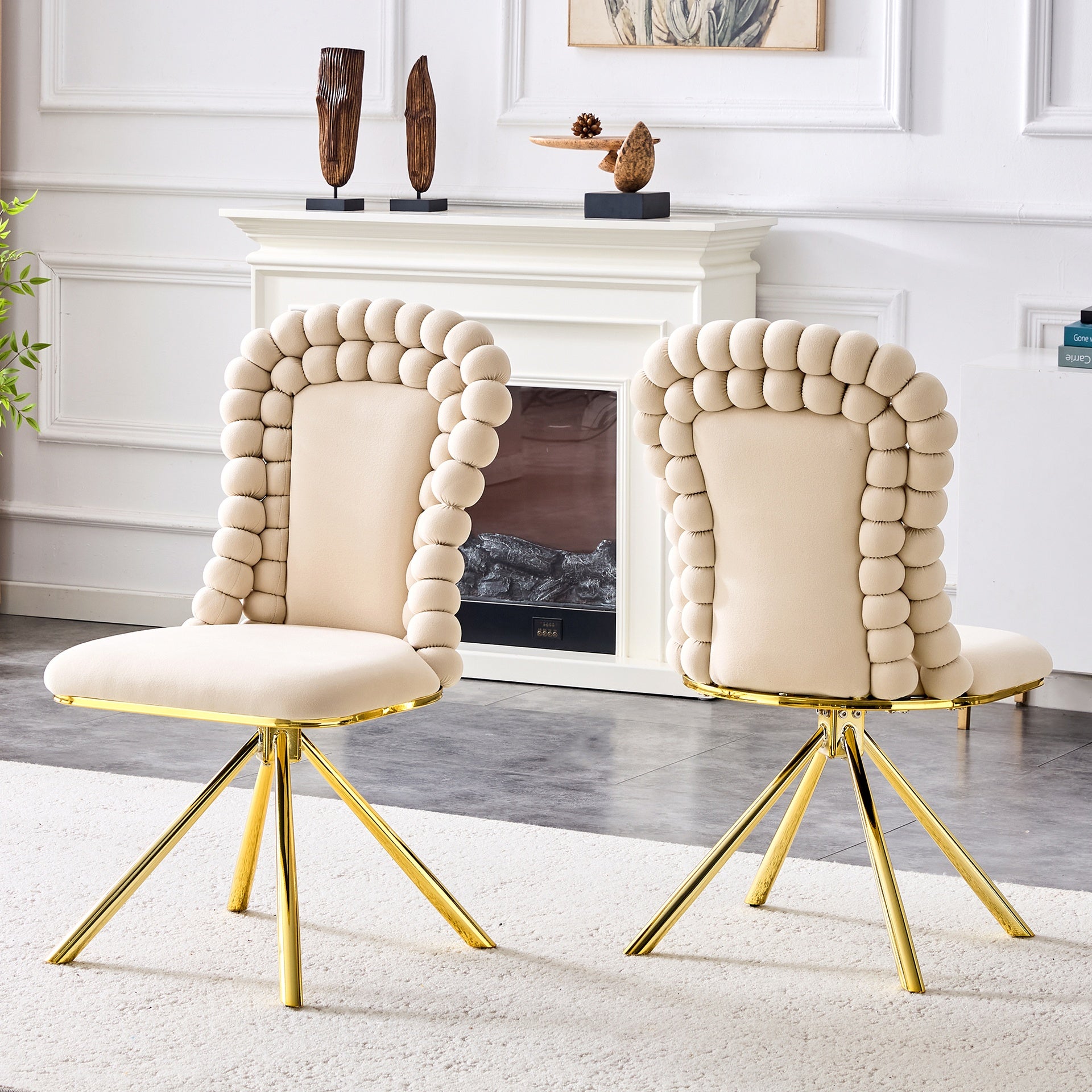 Set of 2 Beige Puffy Bubble Chair Ball Chain Chair Velvet Dining Chairs with Gold Legs, Modern Upholstered Accent Chairs for Dining Room & Kitchen