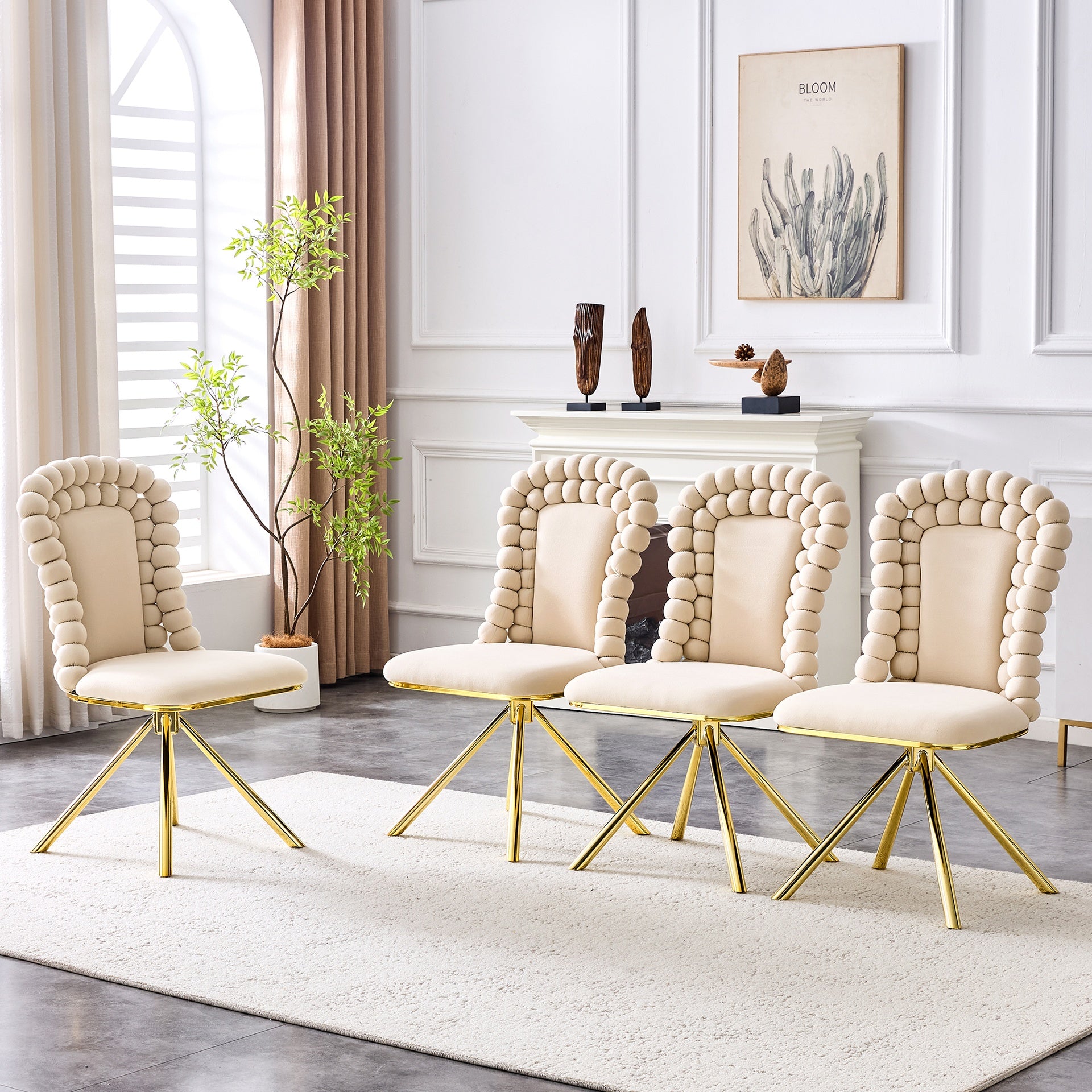 Set of 2 Beige Puffy Bubble Chair Ball Chain Chair Velvet Dining Chairs with Gold Legs, Modern Upholstered Accent Chairs for Dining Room & Kitchen