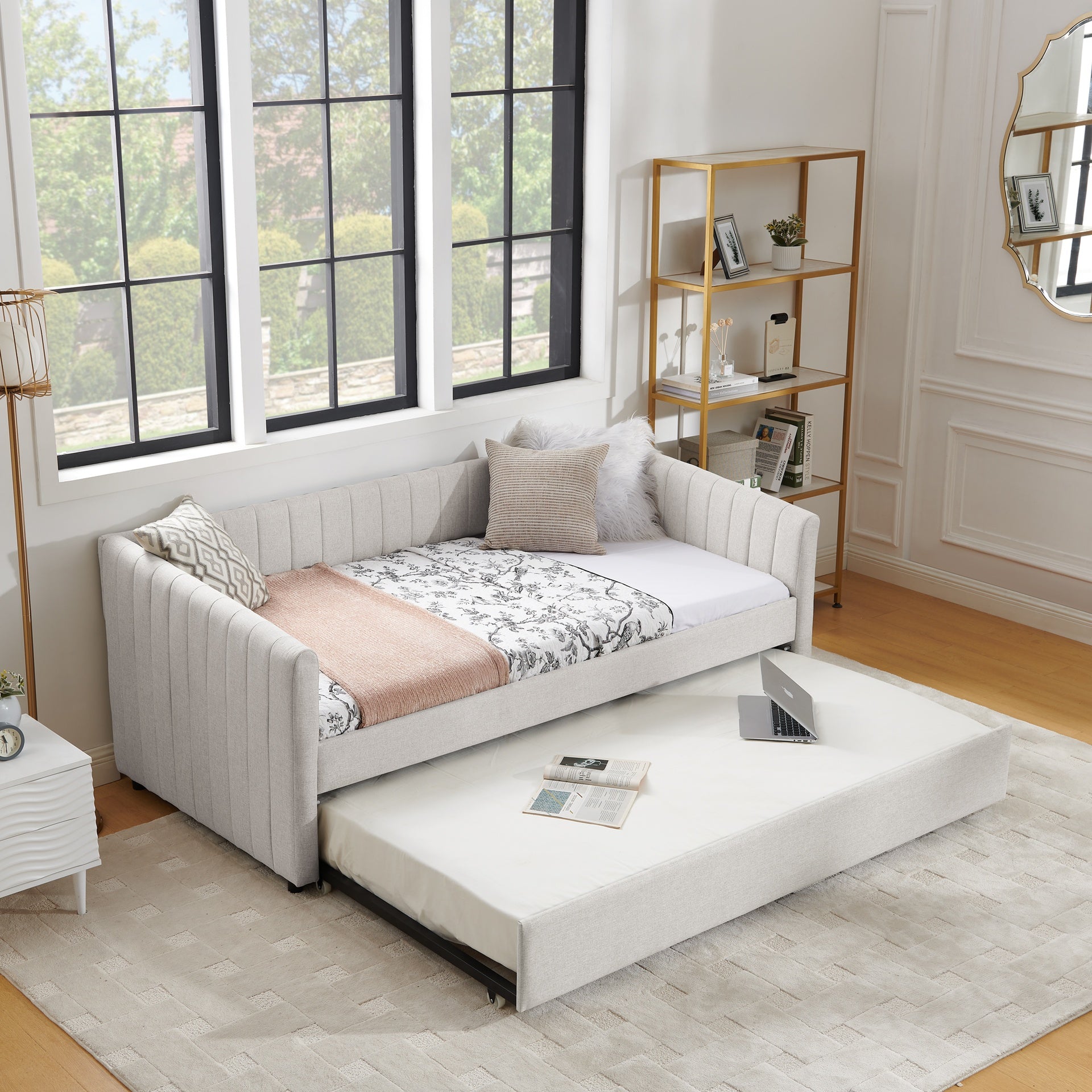 Twin Size Daybed with Trundle Upholstered Sofa Bed, with Vertical Stripes, Linen Fabric, Beige  (82.5"x43"x30")