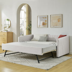 Twin Size Daybed with Trundle Upholstered Sofa Bed, with Vertical Stripes, Linen Fabric, Beige  (82.5"x43"x30")