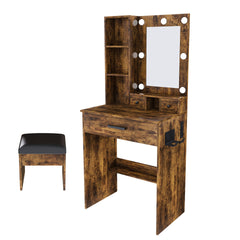 Vanity Table with Mirror & Adjustable LED Lights, Power Outlet, Hairdryer Holder & Stool – Compact Dressing Desk for Small Bedrooms(Vintage)