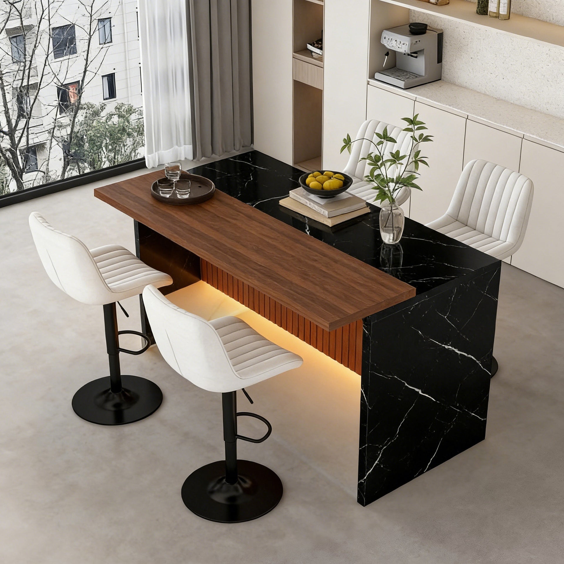 63" Modern Kitchen Island Set with 4 Beige Bar Stools - Black Marble Look Surface, LED Lighting & Grill Design for Dining Room, Open Concept Spaces, Lounge(4 Beige Bar Stools)
