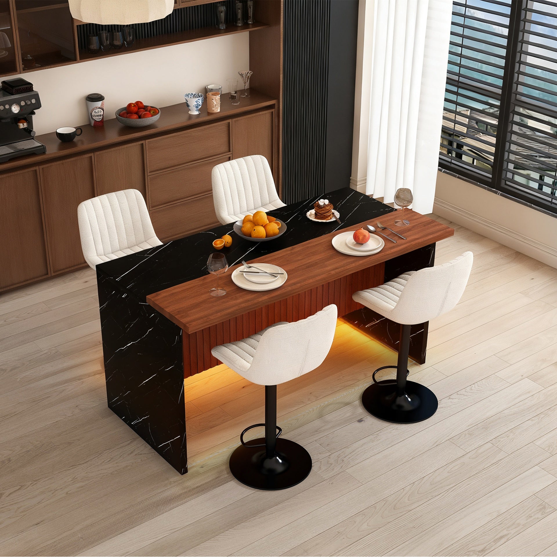 63" Modern Kitchen Island Set with 4 Beige Bar Stools - Black Marble Look Surface, LED Lighting & Grill Design for Dining Room, Open Concept Spaces, Lounge(4 Beige Bar Stools)