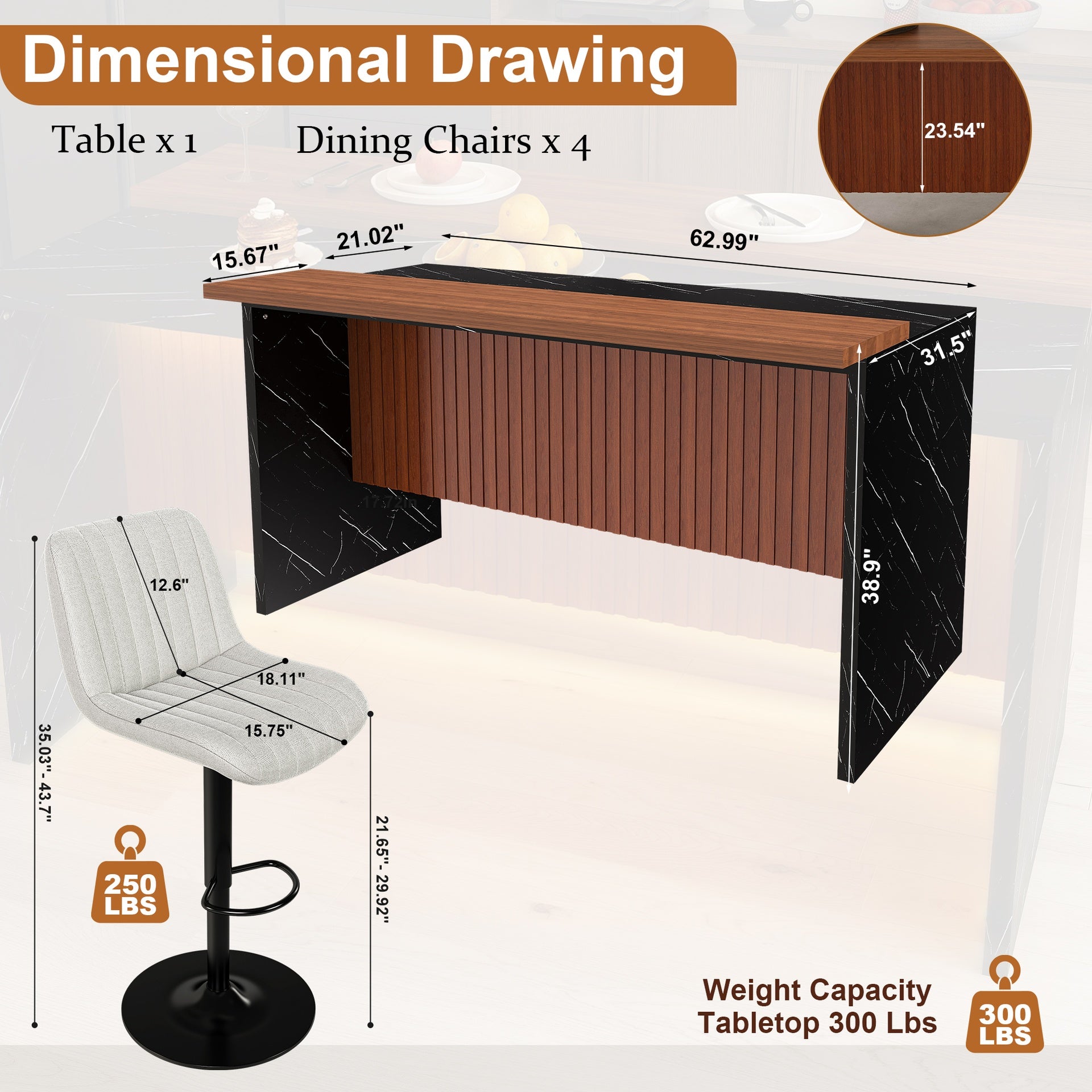 63" Modern Kitchen Island Set with 4 Beige Bar Stools - Black Marble Look Surface, LED Lighting & Grill Design for Dining Room, Open Concept Spaces, Lounge(4 Beige Bar Stools)