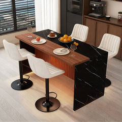 63" Modern Kitchen Island Set with 4 Beige Bar Stools - Black Marble Look Surface, LED Lighting & Grill Design for Dining Room, Open Concept Spaces, Lounge(4 Beige Bar Stools)