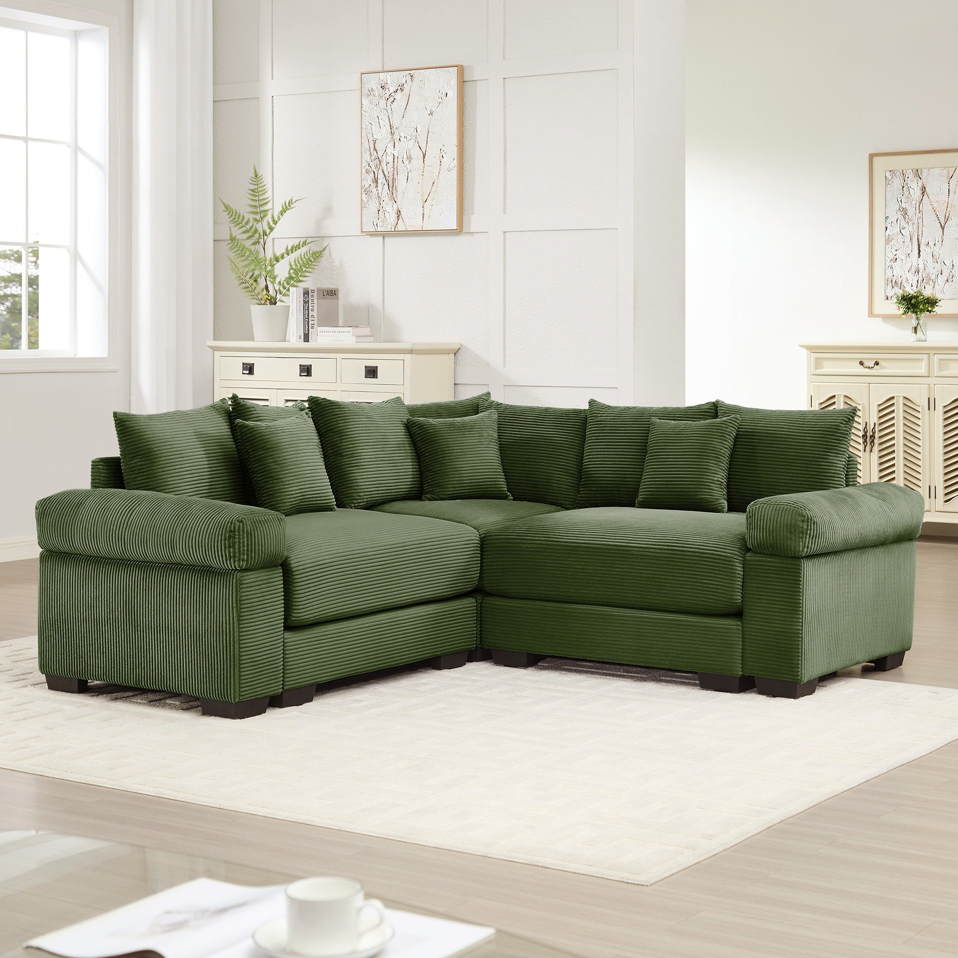 Oversized Cloud Modular Sectional Couch,Convertible Sectional Couches Deep Seat Extra-Wide Armrests, 10 Throw Pillows Premium Corduroy Fabric, Ergonomic Design,Easy Assembly, For Living Rooms,Green