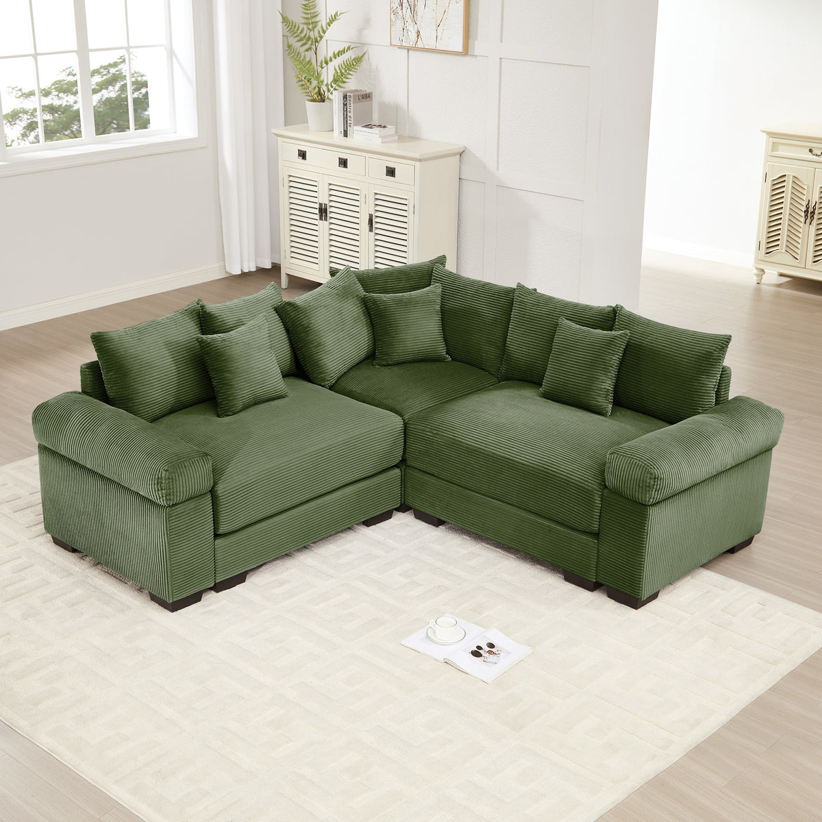 Oversized Cloud Modular Sectional Couch,Convertible Sectional Couches Deep Seat Extra-Wide Armrests, 10 Throw Pillows Premium Corduroy Fabric, Ergonomic Design,Easy Assembly, For Living Rooms,Green
