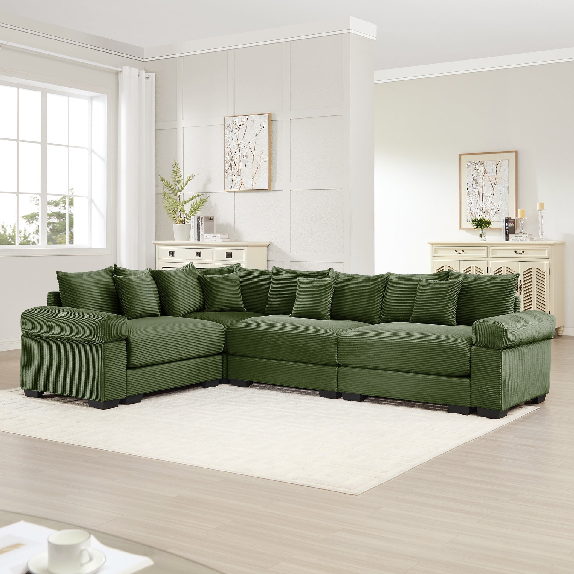 Oversized Cloud Modular Sectional Couch,Convertible Sectional Couches Deep Seat Extra-Wide Armrests, 13 Throw Pillows Premium Corduroy Fabric, Ergonomic Design,Easy Assembly, For Living Rooms,Green